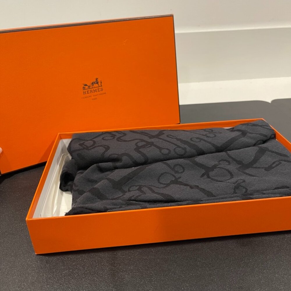 Hermes Scarf with Horse Bit Print Black/Gray (C128860)